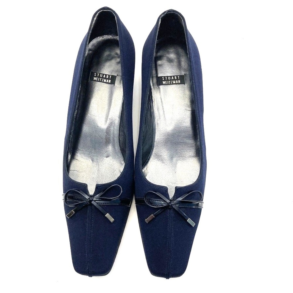 Stuart Weitzman Navy Blue Crepe Pumps Kitten Heel Bow Womens 7 B Careerwear